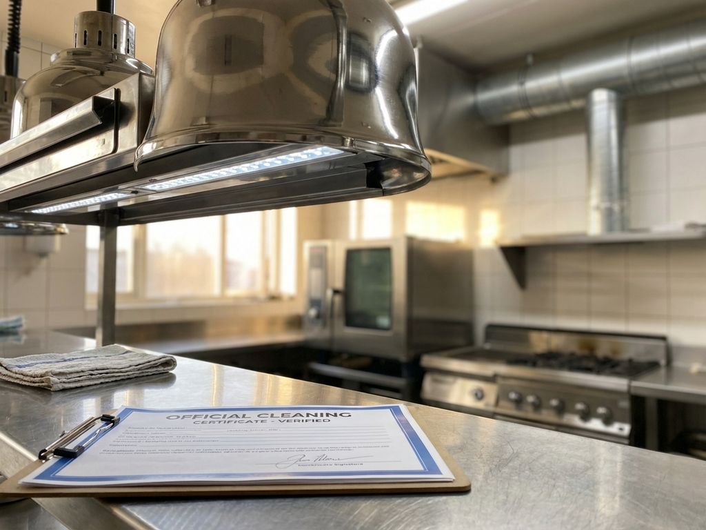 Schone RVS afzuigkap in restaurantkeuken met schoonmaakcertificaat op aanrecht, professioneel onderhoud zichtbaar