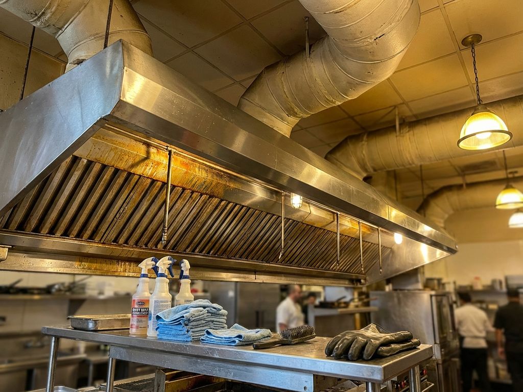 Professionele roestvrijstalen afzuigkap in commerciële keuken met vetvervuiling en schoonmaakmiddelen