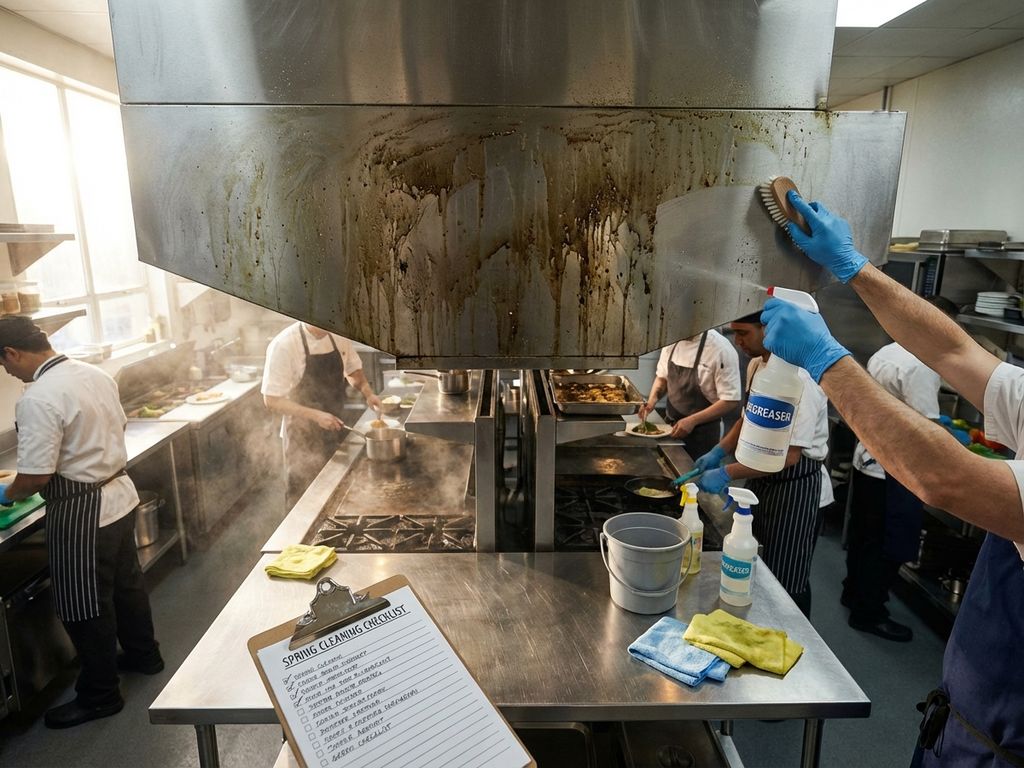 Professionele schoonmaker reinigt commerciële afzuigkap in restaurantkeuken met checklist voor voorjaarsschoonmaak