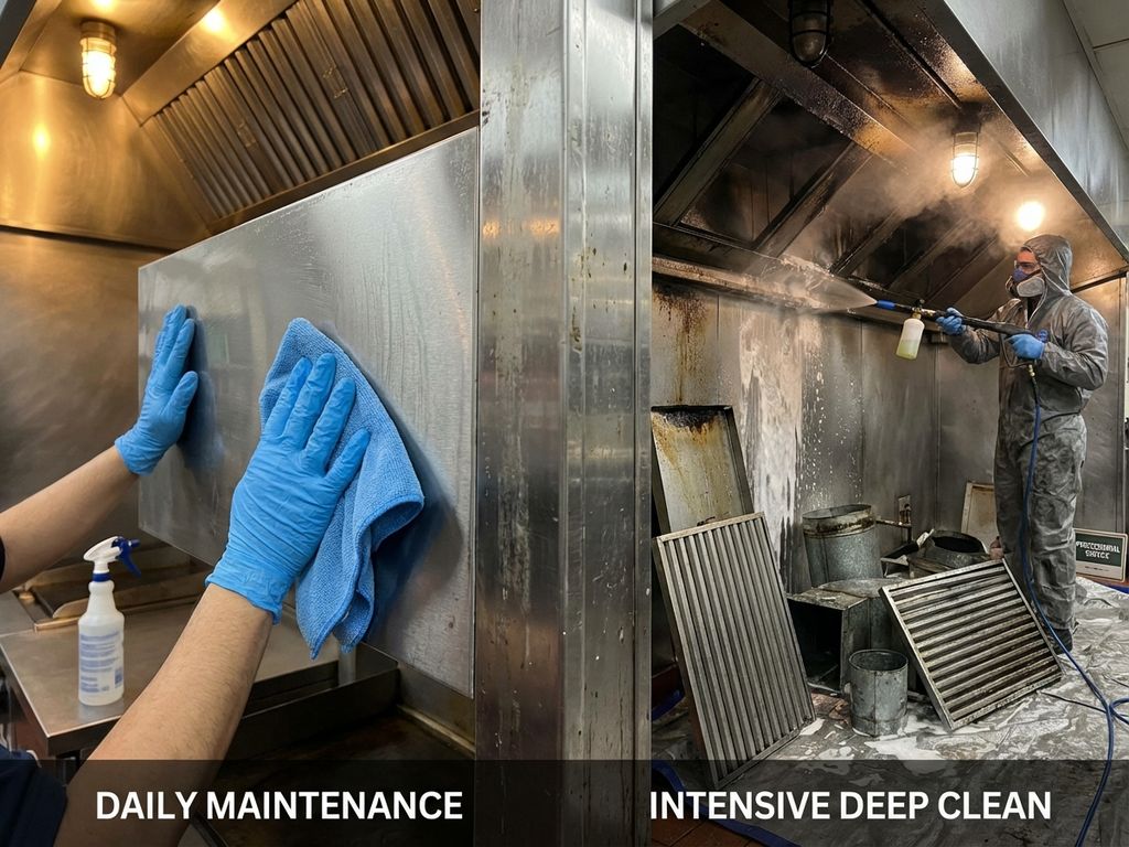 Vergelijking van dagelijkse afzuigkap reiniging versus professionele diepe reiniging in commerciële keuken