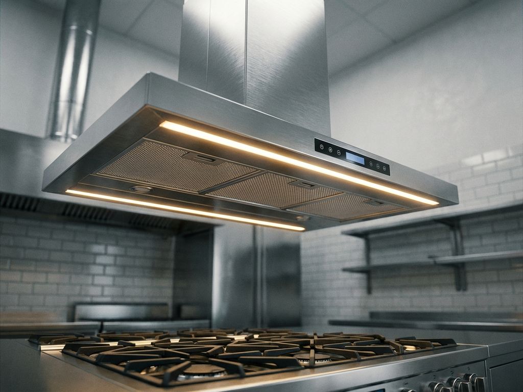 Moderne roestvrijstalen afzuigkap met LED-verlichting en filters boven professionele gaskookplaat in keuken