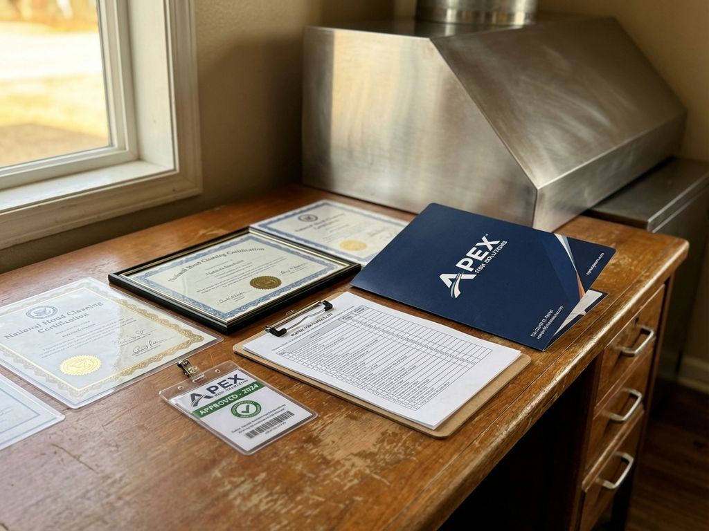 Officiële schoonmaakcertificaten met stempels op houten bureau, industriële afzuigkap op achtergrond, warme verlichting