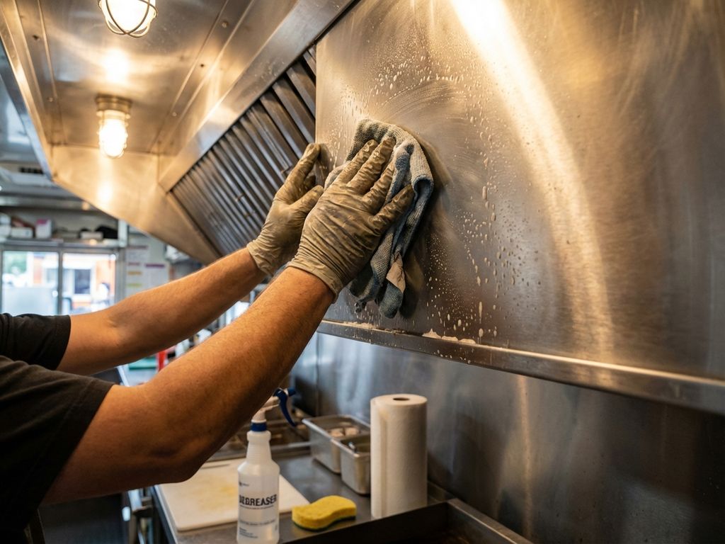 Handen in werkhandschoenen reinigen roestvrij stalen afzuigkap in professionele keuken met doek en reinigingsmiddel