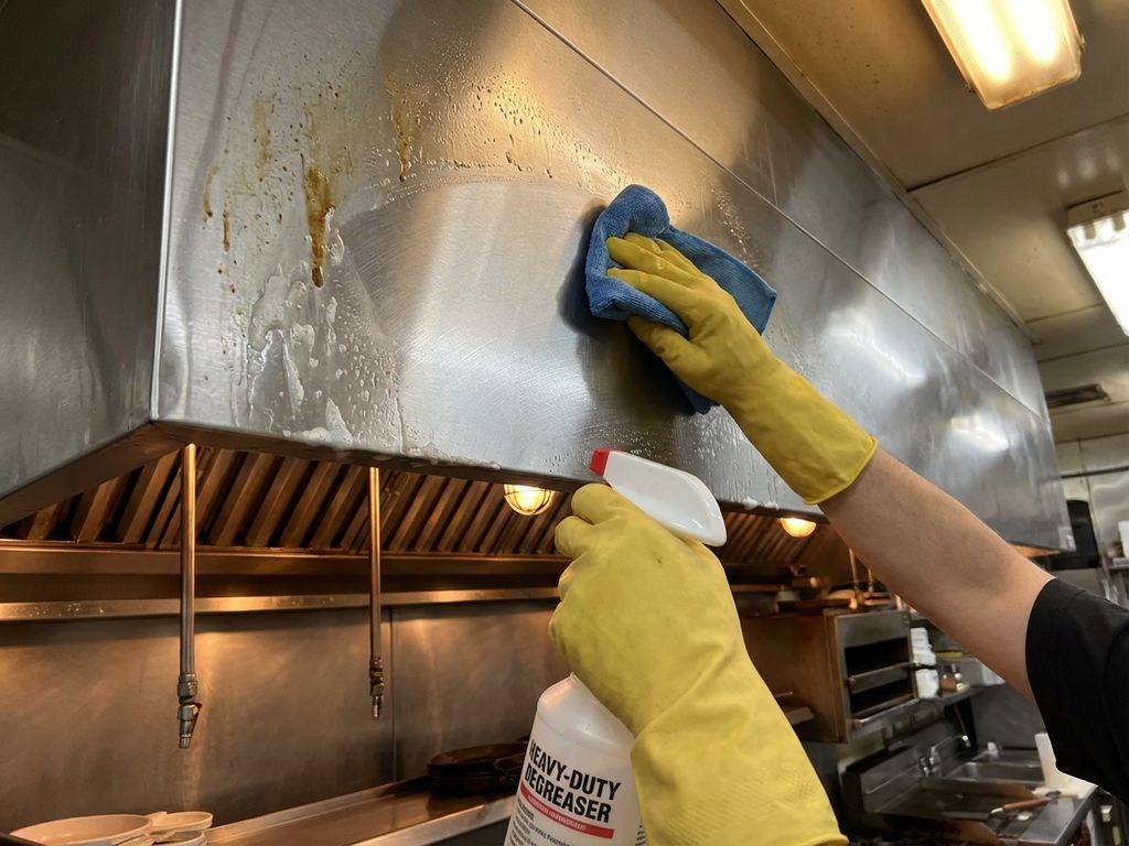 Handen in gele handschoenen reinigen roestvrijstalen afzuigkap met microvezeldoek in professionele restaurantkeuken