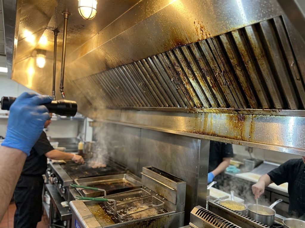 Vervuilde restaurantkeuken afzuigkap met vetaanslag en olievlekken, op achtergrond drukke kookstations met rook en stoom