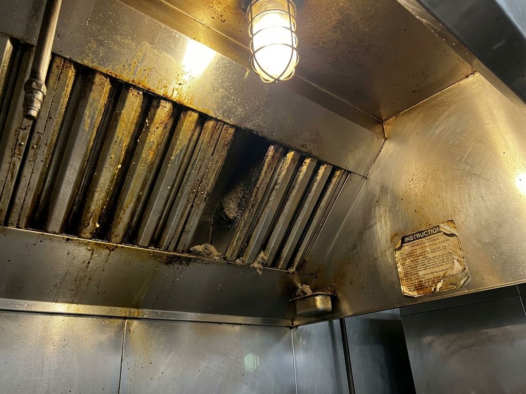 Vervuilde commerciële afzuigkap met dikke vetaanslag en vuil in restaurantkeuken, slecht onderhouden ventilatiesysteem