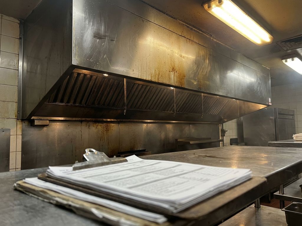 Vervuilde roestvrijstalen afzuigkap in commerciële keuken met vetophoping en klembord met documenten op aanrecht