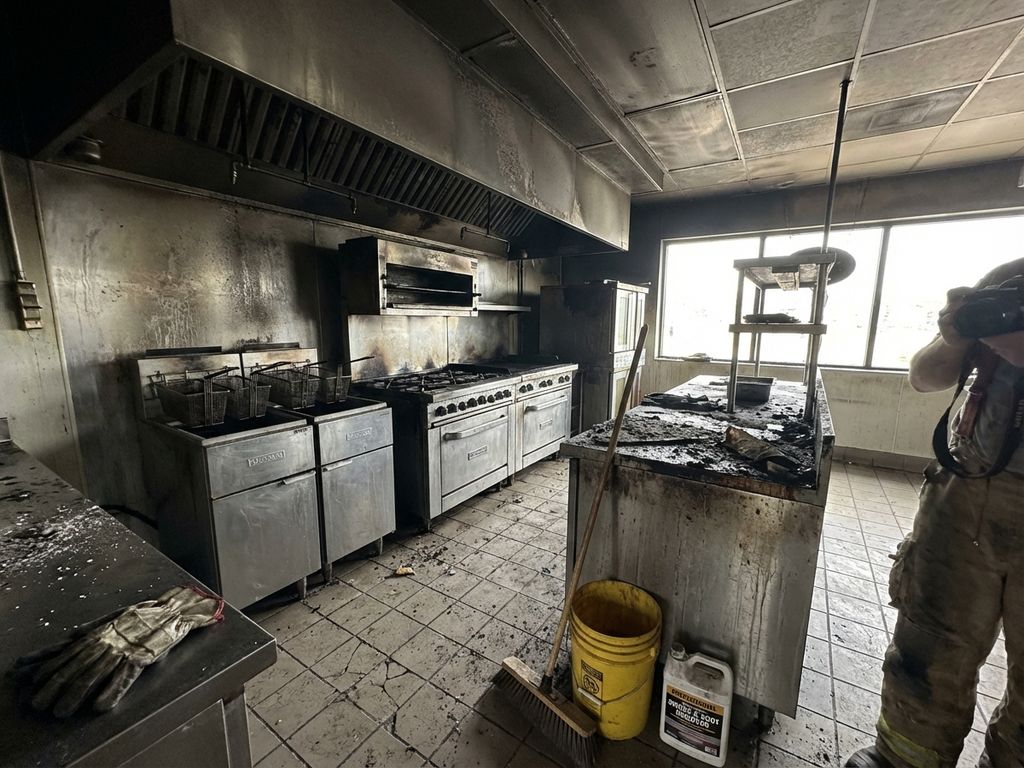 Brandschade in restaurantkeuken met verkoold roestvrij staal, beroete muren en professionele schoonmaakapparatuur