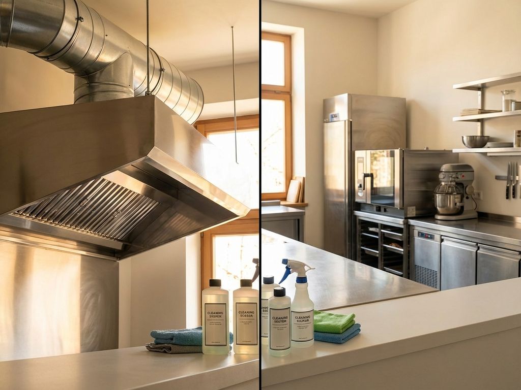 Professionele keukenreiniging voor afzuigkappen en werkbladen, voor en na resultaat in roestvrij staal keuken