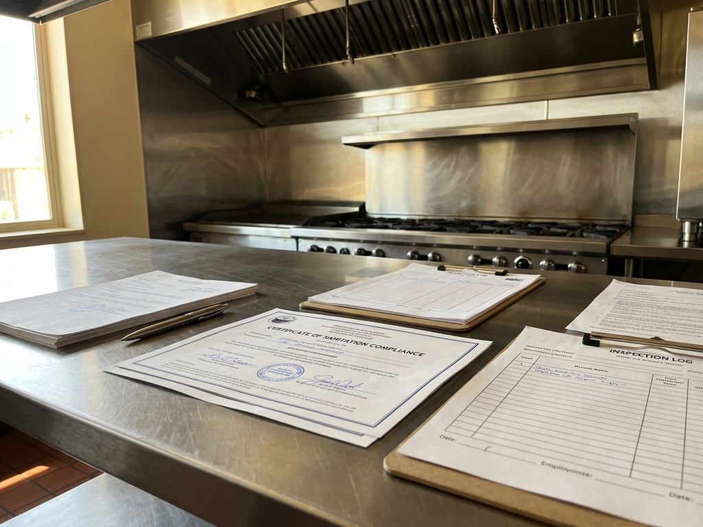 Schone roestvrijstalen keukenblad met georganiseerde schoonmaakcertificaten, inspectieformulieren en klembord in professionele keuken