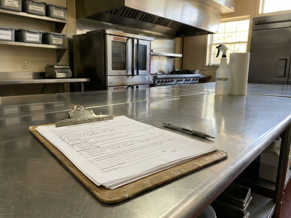 Gezondheidscontrole klembord met checklist op roestvrijstalen aanrecht in professionele restaurantkeuken