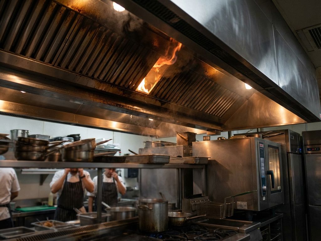 Vlammen uit afzuigkap door vetbrand in professionele restaurantkeuken met roestvrijstalen apparatuur op achtergrond