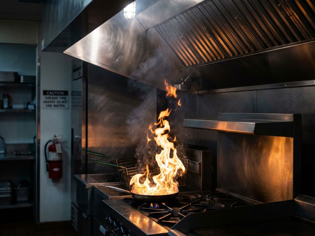 Vetbrand op fornuis met oranje vlammen die zich uitbreiden naar afzuigkap in professionele keuken