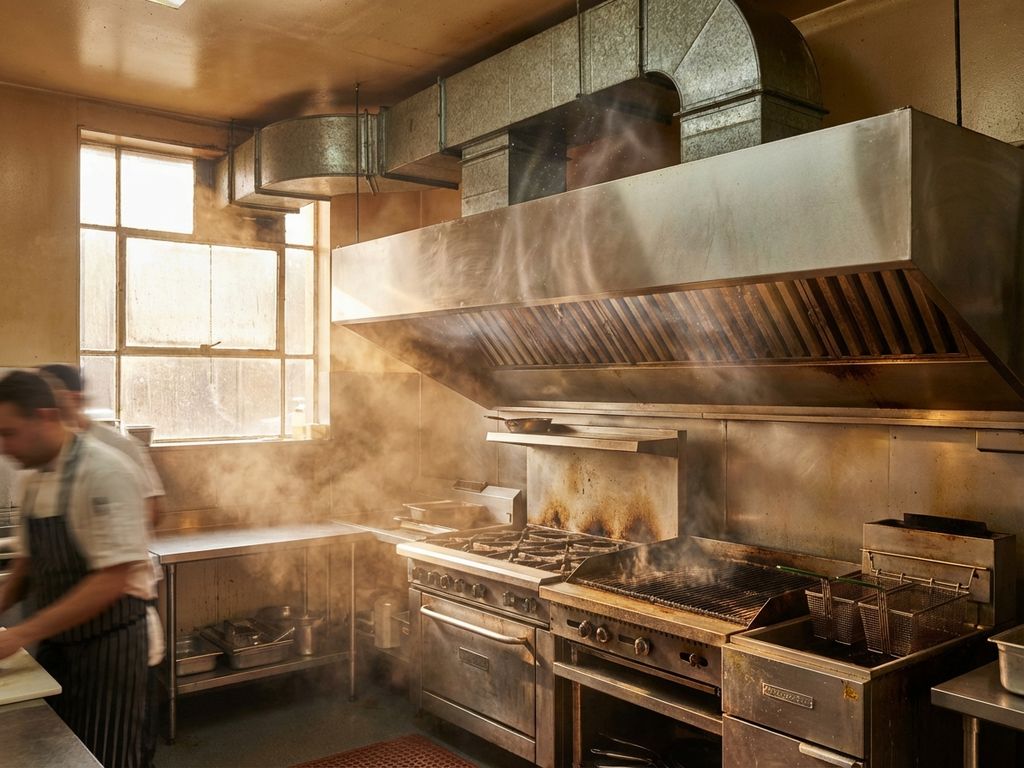 Industriële afzuigkap boven warme restaurantkeuken met stoomwolken en hittegolven van kooktoestellen in de zomer
