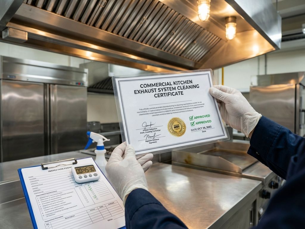 Schoonmaaktechnicus toont officieel certificaat boven gereinigde commerciële afzuigkap in professionele keuken