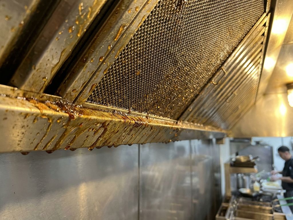 Vettige roestvrijstalen afzuigkap filter met dikke goudbruine vetophoping in commerciële keuken