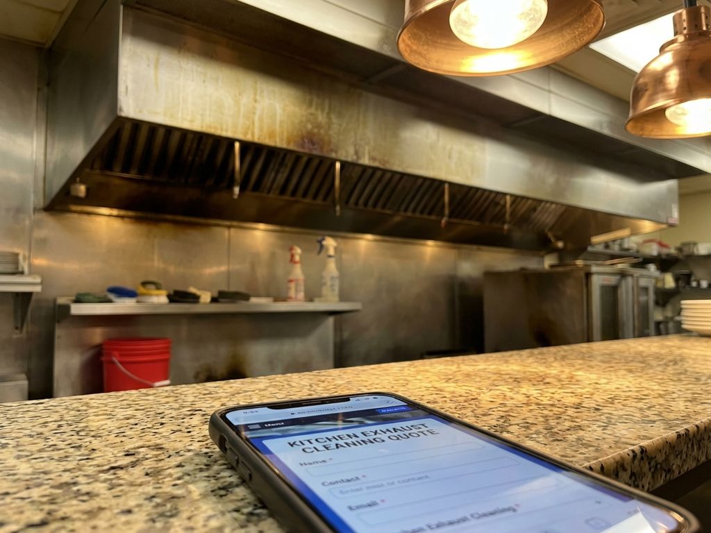 Smartphone toont digitaal offerteformulier op keukentafel naast commerciële afzuigkap die schoonmaak nodig heeft
