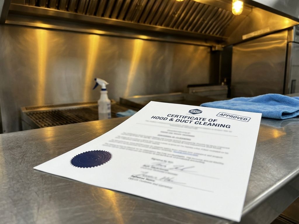 Schoonmaakcertificaat op roestvrijstalen aanrecht met schone commerciële afzuigkap op achtergrond