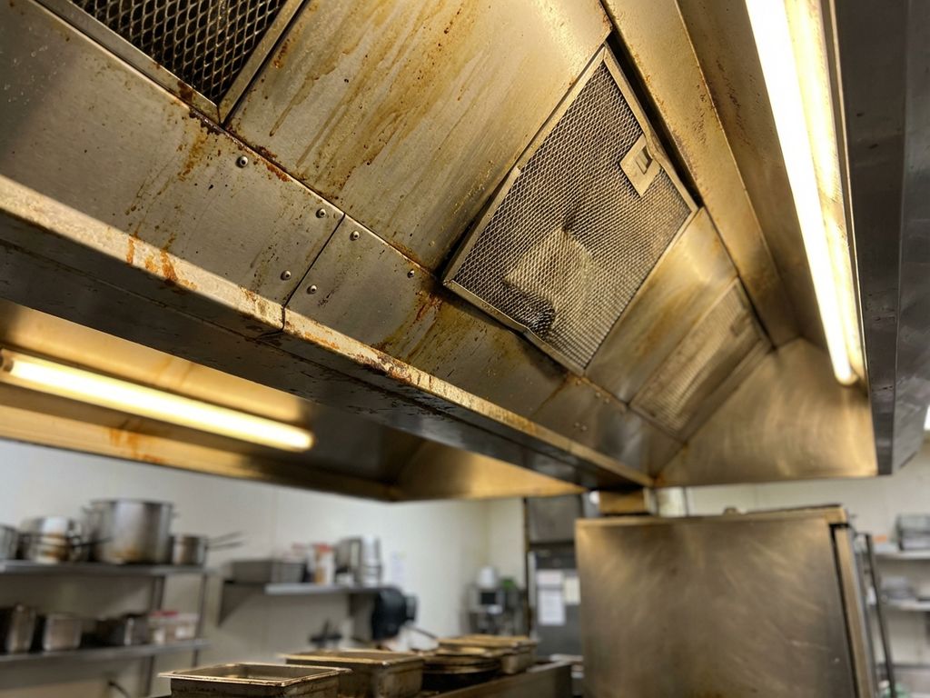 Commerciële keukenafzuigkap met slijtage, vetvlekken en roestplekken die vervanging behoeft in professionele keuken