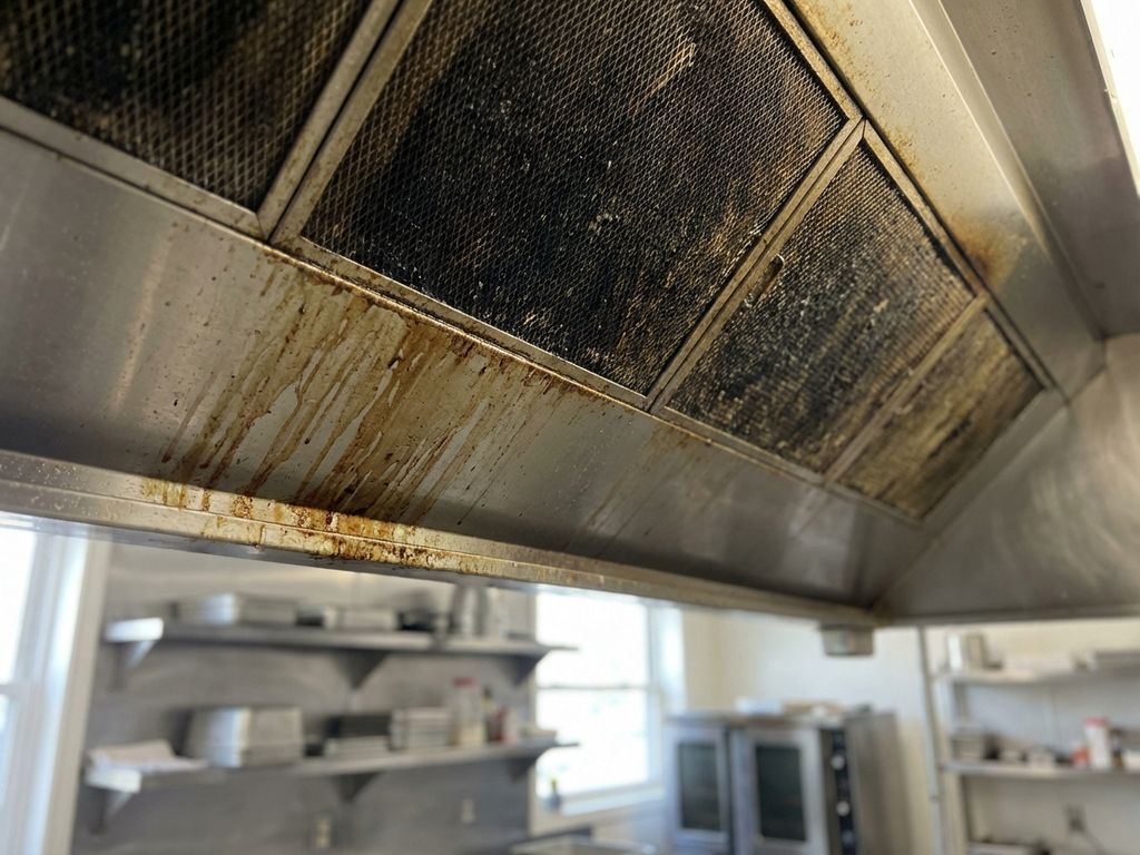 Commerciële afzuigkap met vetvervuiling en vuile filters die onderhoud behoeft in restaurantkeuken
