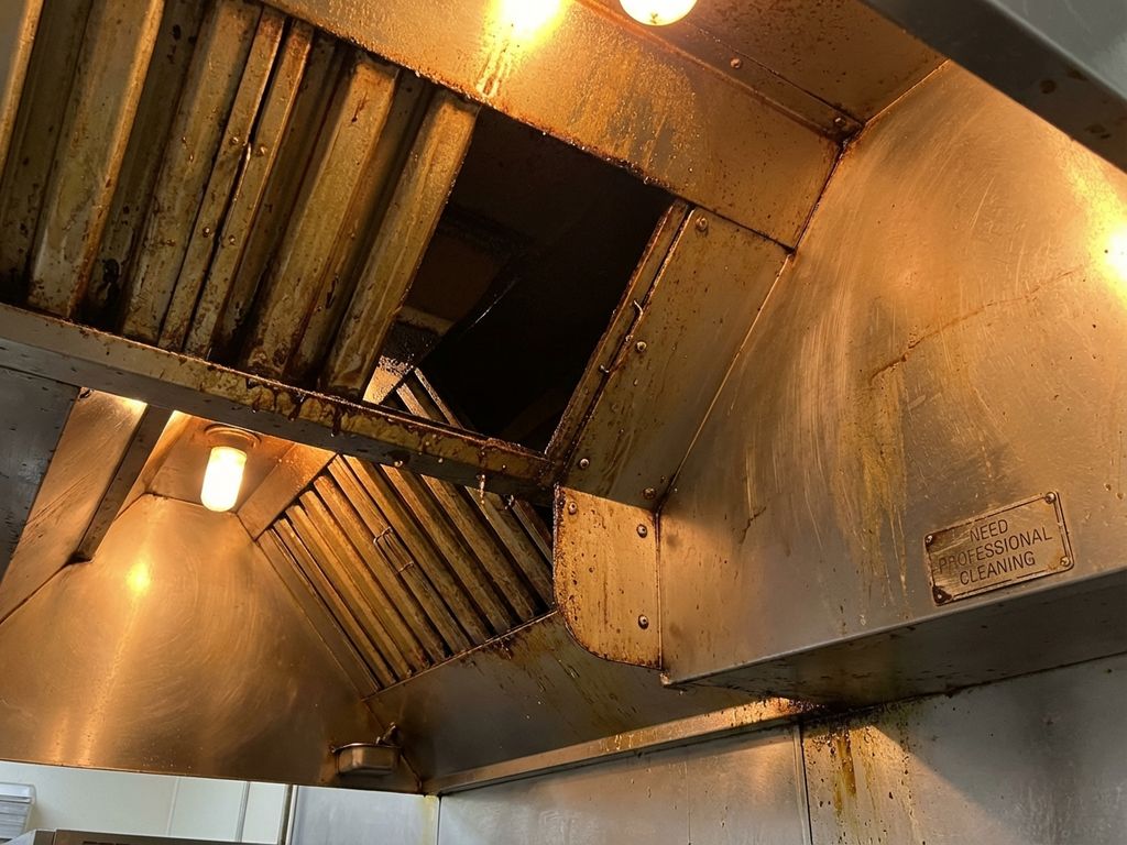 Commerciële keukenafzuigkap van onderaf met vetaanslag en vlekken op roestvrij stalen filters en oppervlakken