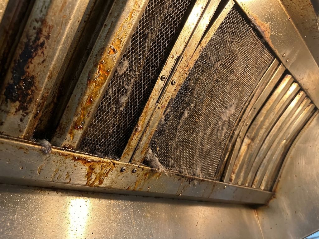 Binnenkant van commerciële afzuigkap met vetophoping, stof en olieresten op metalen oppervlakken en filters