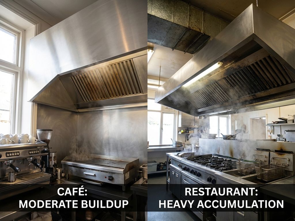 Vergelijking van twee commerciële keukenafzuigsystemen: café-dampkap links versus restaurant-extractiesysteem rechts