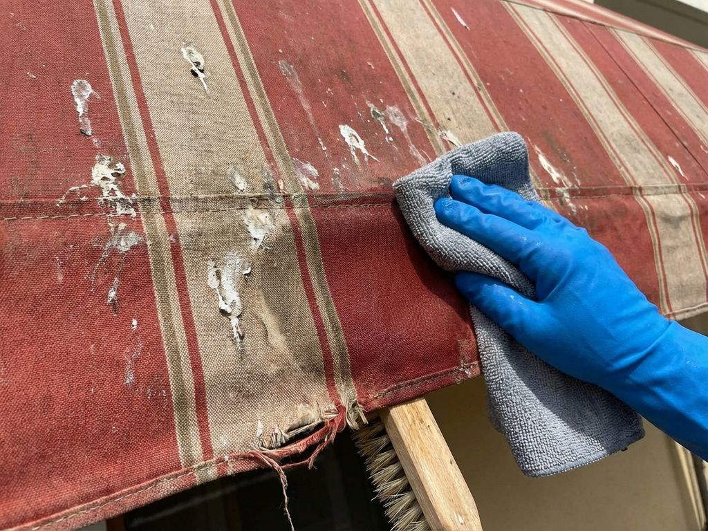 Gehandschoende hand reinigt vogelpoep van gestreepte restaurantluifel met doek, toont contrast tussen vuil en schoon