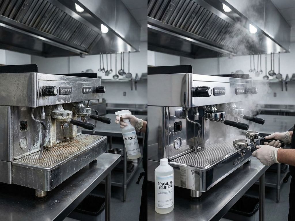 Commerciële keuken toont koffiemachine voor en na ontkalking: links met kalkaanslag, rechts schoon en glimmend