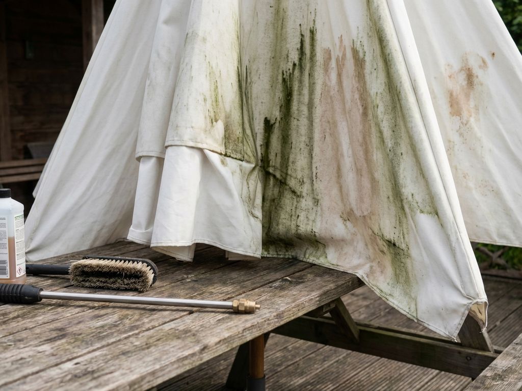 Witte horeca parasol met groene algenplekken en professionele schoonmaakapparatuur op houten terras