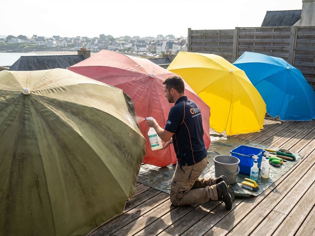Professionele schoonmaker reinigt kleurrijke parasols op restaurantterras met spray en borstels, toont voor-en-na resultaat
