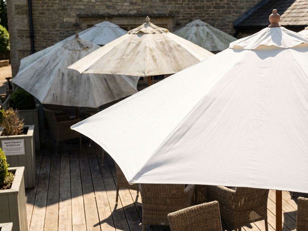 Schone witte parasol op restaurant terras contrasteert met vuile parasols op achtergrond, toont belang van onderhoud