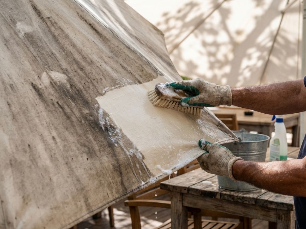 Handen reinigen grote parasol met zachte borstel, vuile en schone delen zichtbaar, schoonmaakmiddelen op houten tafel