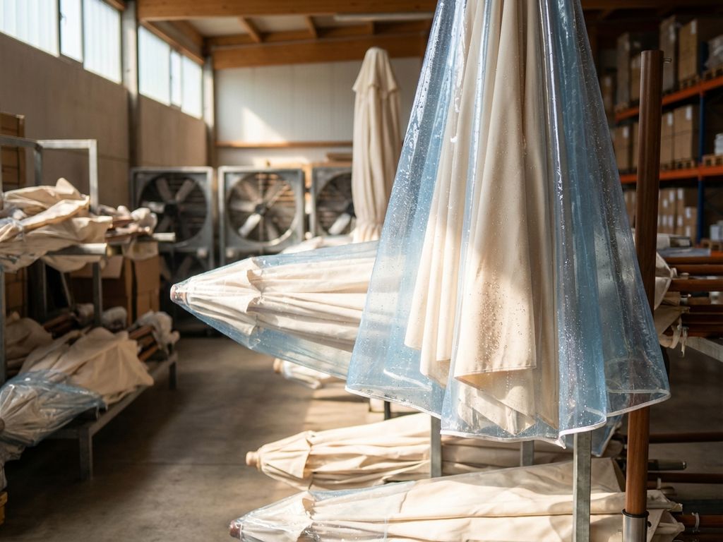 Commerciële parasols netjes opgeslagen in droog magazijn met ventilatie en beschermende plastic hoezen