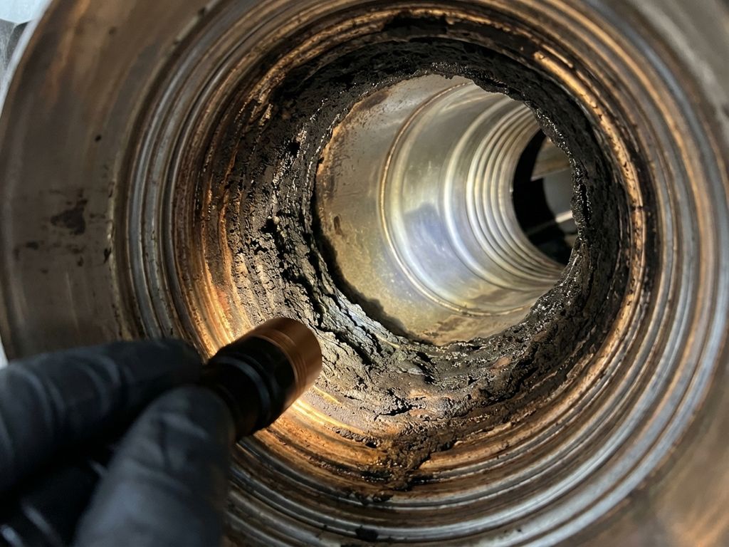 Pizza oven uitlaatkanaal met dikke roetafzetting op roestvrijstalen ventilatiebuizen tijdens onderhoudsinspectie