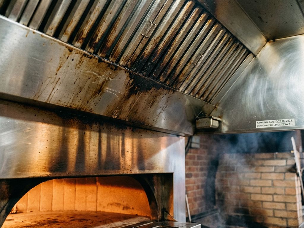 Roestvrij stalen afzuigkap van houtgestookte pizzaoven met vetvlekken en roetafzetting, verlicht door oranje ovenlicht