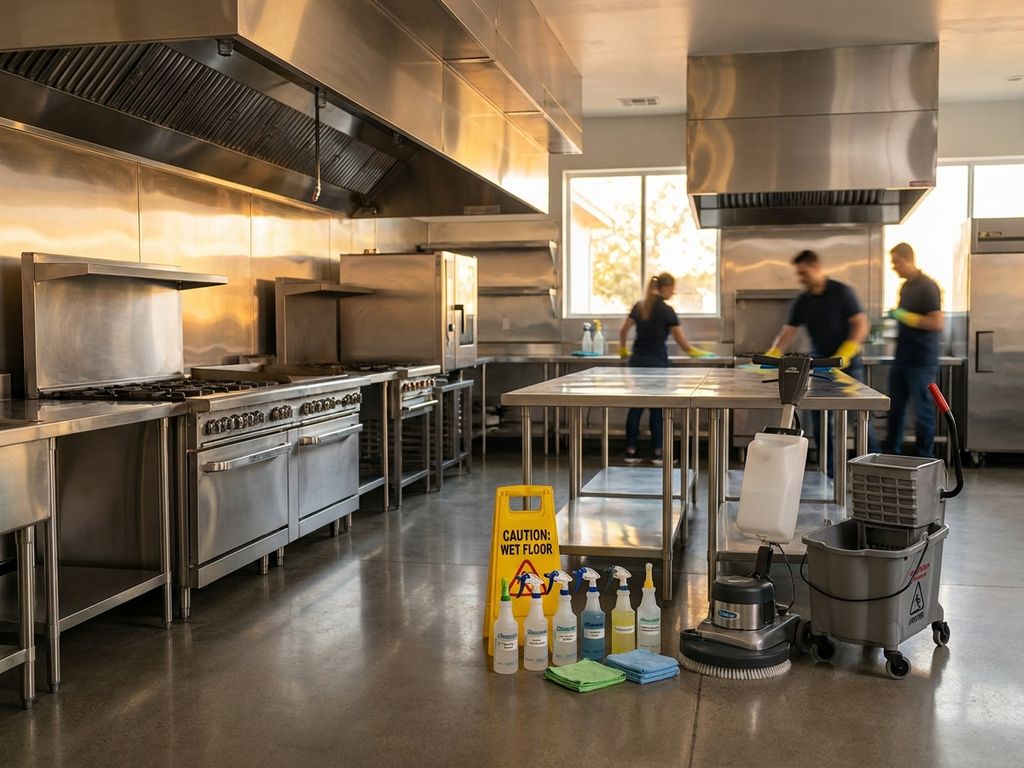 Professionele horecakeuken met glimmende roestvrijstalen apparatuur en schoonmaakmiddelen na grondige reiniging