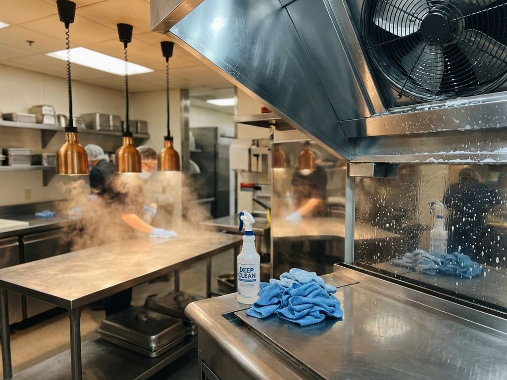 Professionele horecakeuken tijdens grondige reiniging met glanzende roestvrijstalen apparatuur en schoonmaakmiddelen