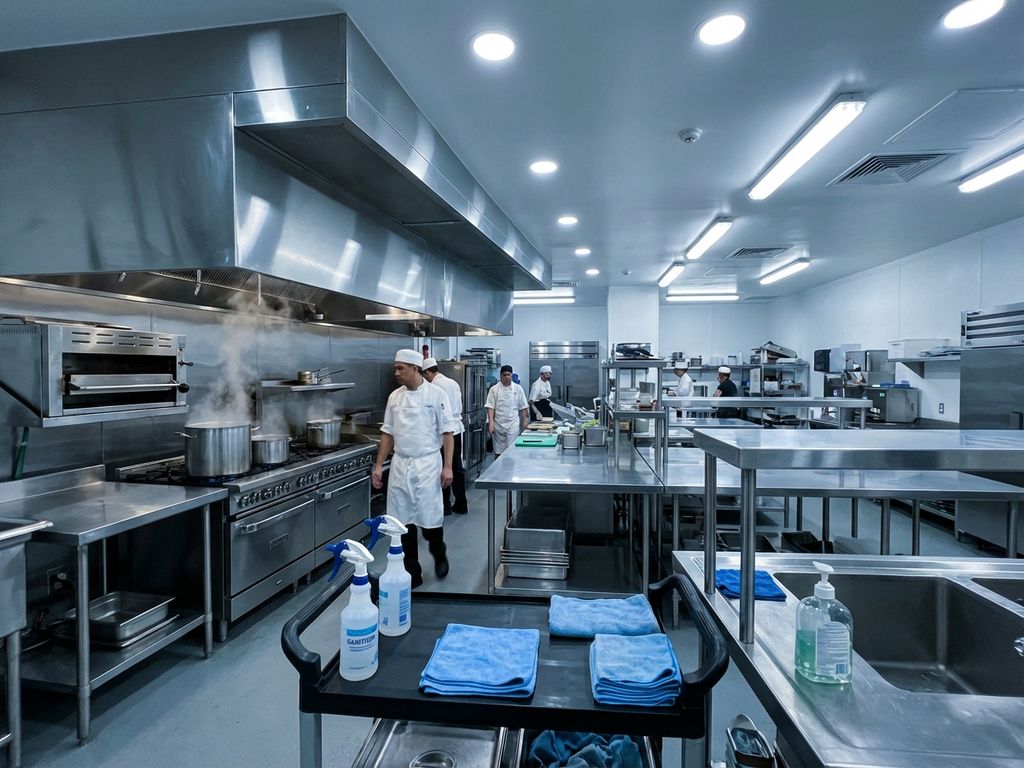 Professionele commerciële keuken met glanzende roestvrijstalen apparatuur, schone werkstations en hygiënebenodigdheden