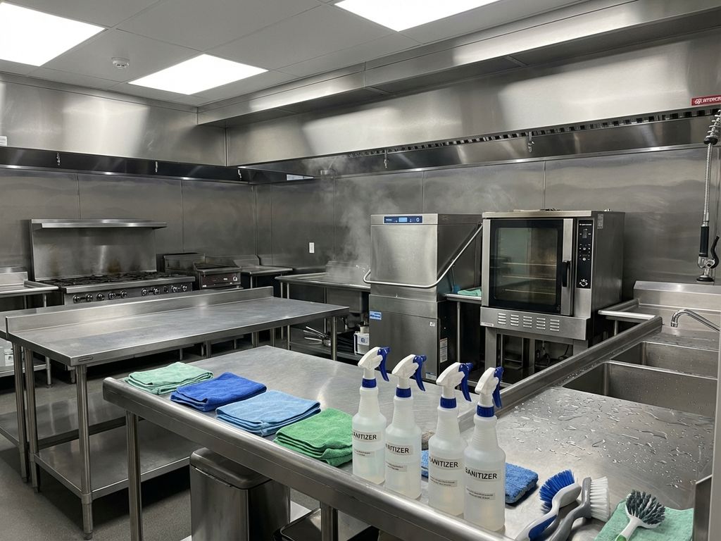 Professionele restaurantkeuken met glanzende roestvrijstalen oppervlakken, schoonmaakmiddelen en hygiënische verlichting
