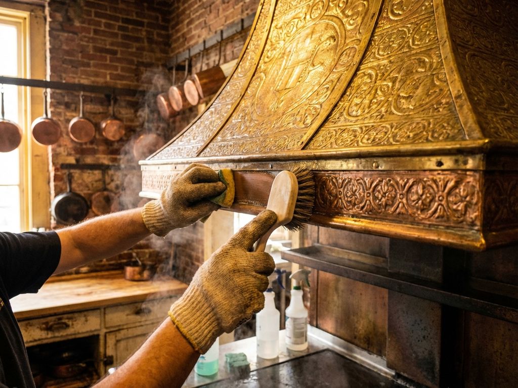 Professionele reiniging van traditionele koperen afzuigkap in historische restaurantkeuken met gespecialiseerde apparatuur