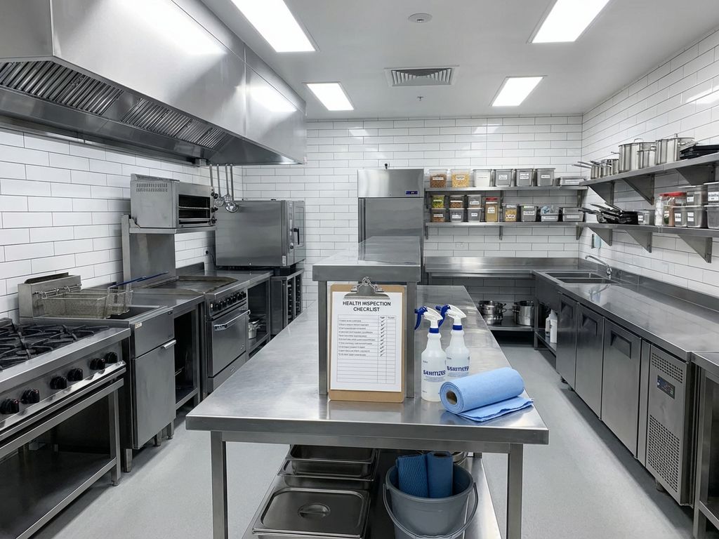 Professionele restaurantkeuken met roestvrijstalen apparatuur, schoonmaakbenodigdheden en inspectielijst op werkblad