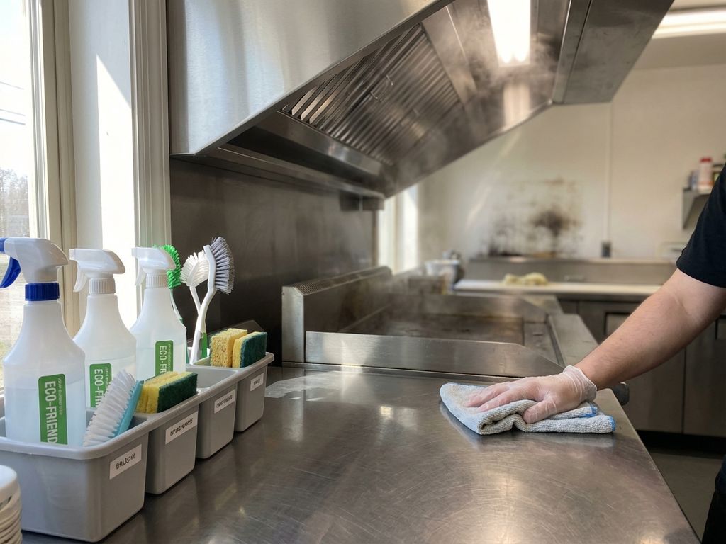 Professionele schoonmaakservice reinigt commerciële keuken met glanzende roestvrijstalen oppervlakken en afzuigkap