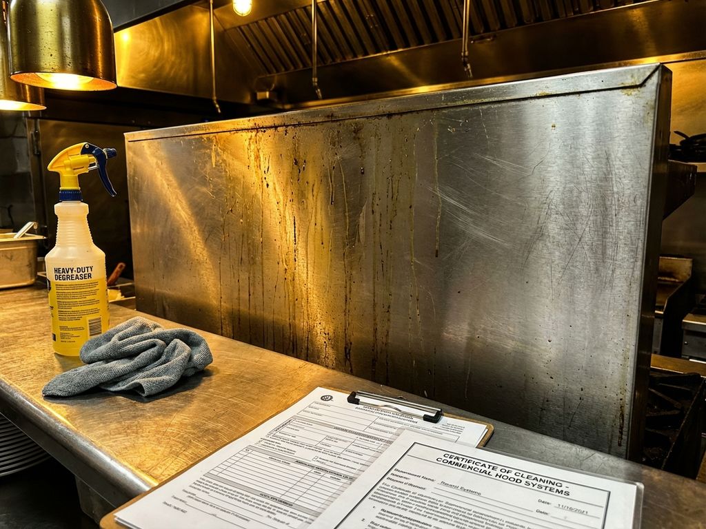 Professionele roestvrijstalen afzuigkap in restaurantkeuken met schoonmaakapparatuur en verzekeringsdocumenten op aanrecht