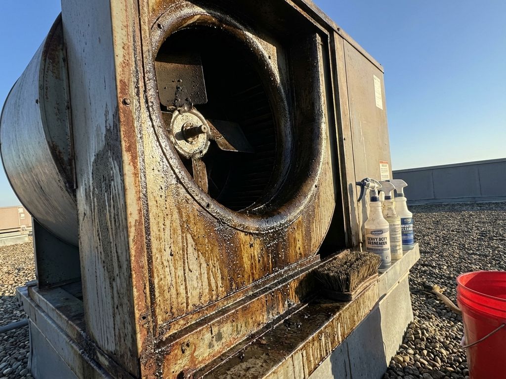 Vervuilde restaurant ventilatiemotor op dak met reinigingsapparatuur, close-up tegen blauwe hemel