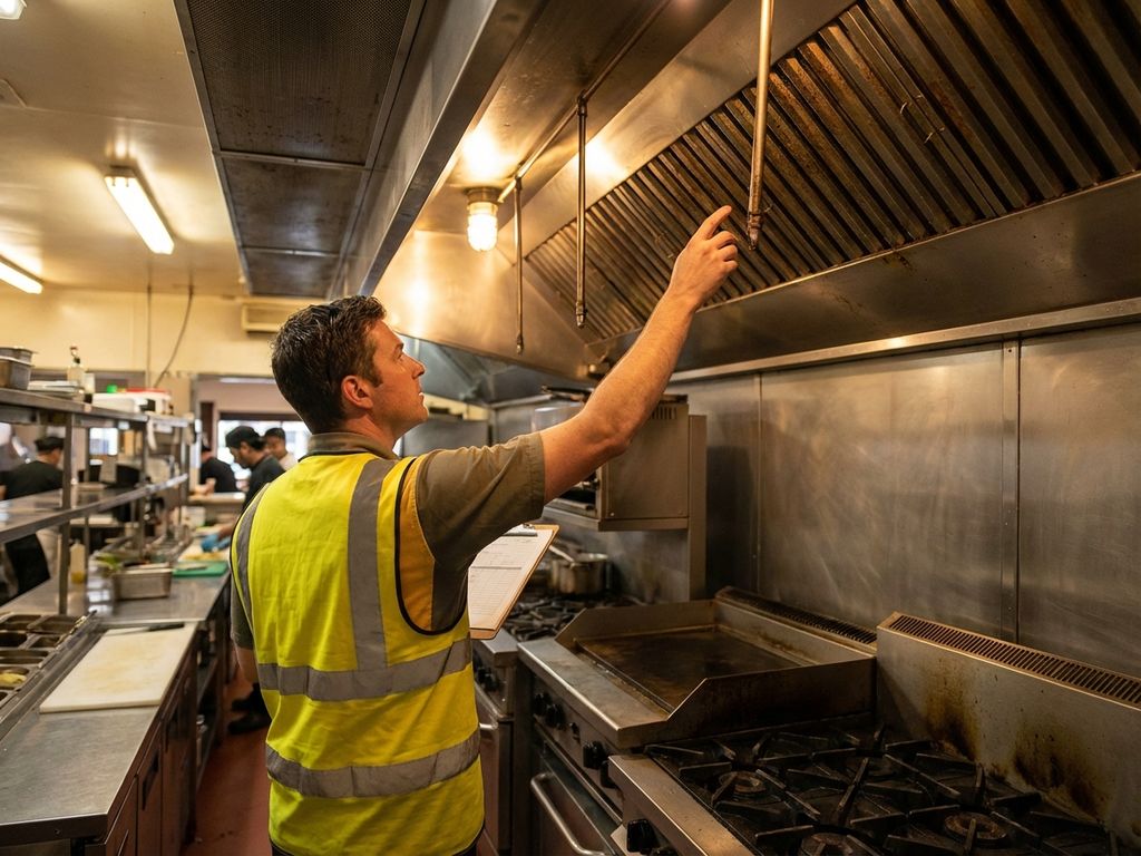 Gemeentelijke inspecteur in hesje inspecteert afzuigkap in professionele restaurantkeuken met klembord