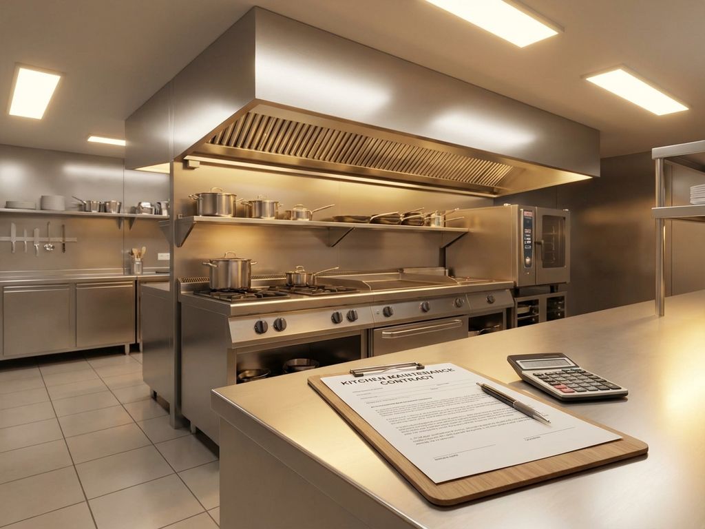 Professionele restaurantkeuken met onderhoudscontract papierwerk op roestvrijstalen aanrecht, industriële afzuigkap op achtergrond