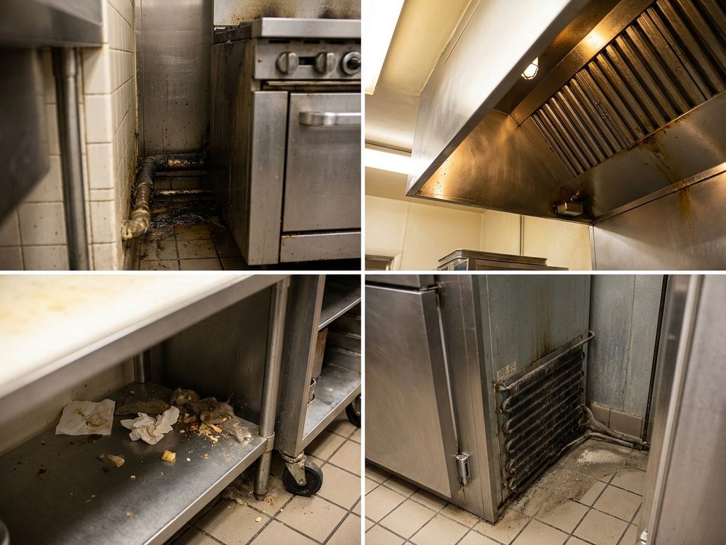 Professionele restaurantkeuken met verborgen schoonmaakplekken achter apparatuur en onder werkbladen zichtbaar