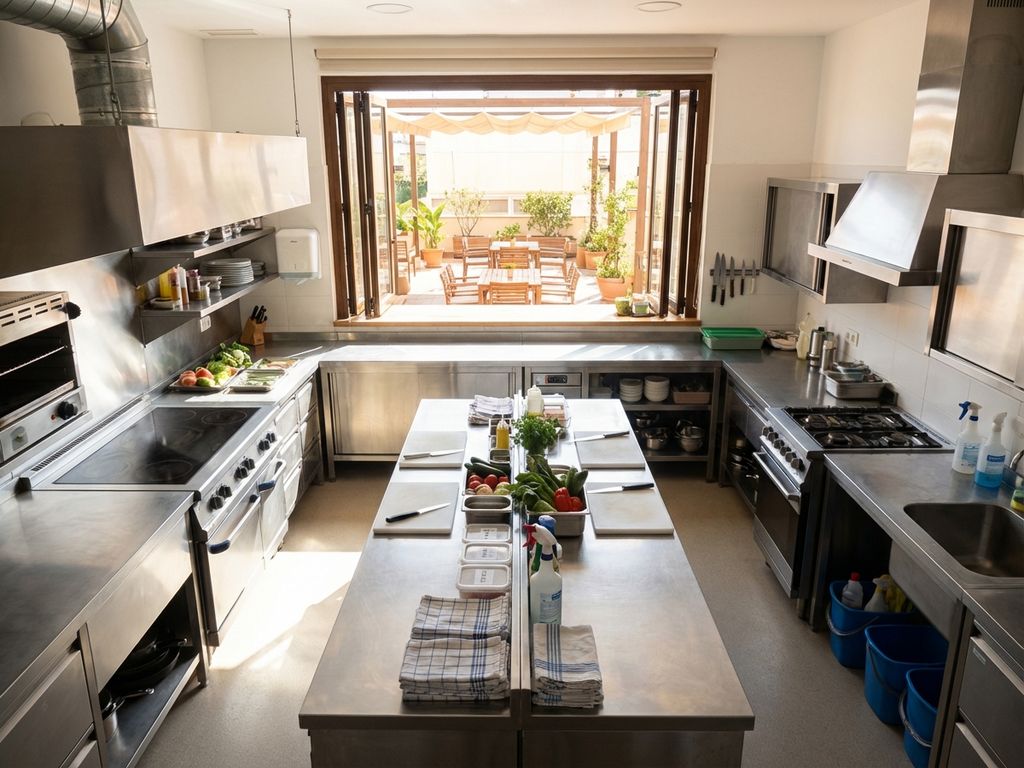 Schone restaurantkeuken met roestvrijstalen apparatuur en uitzicht op zonnig terras, klaar voor buitenseizoen