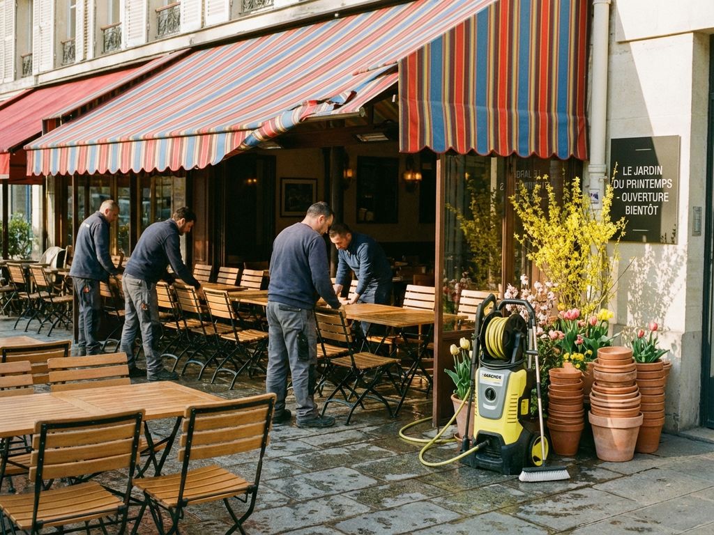 Restaurant terras in de lente met houten tafels en stoelen op stenen plaveisel, schoonmaakspullen en planten klaar